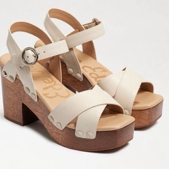 Sam Edelman Shoes - Sam Edelman Josefine Ivory Platform Sandals Wood Block Heel Criss Cross EUC 8